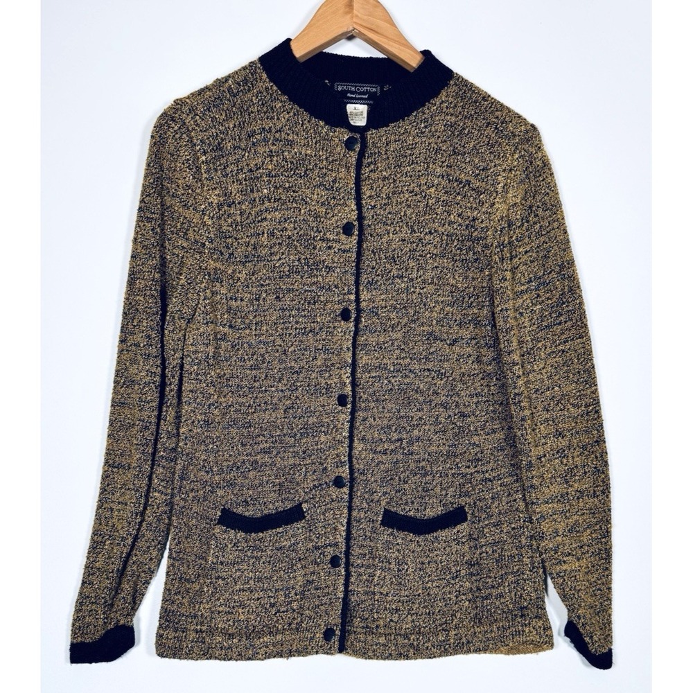 Vintage South Cotton Hand Loomed Cardigan Sweater Women XL Gold Black Marled